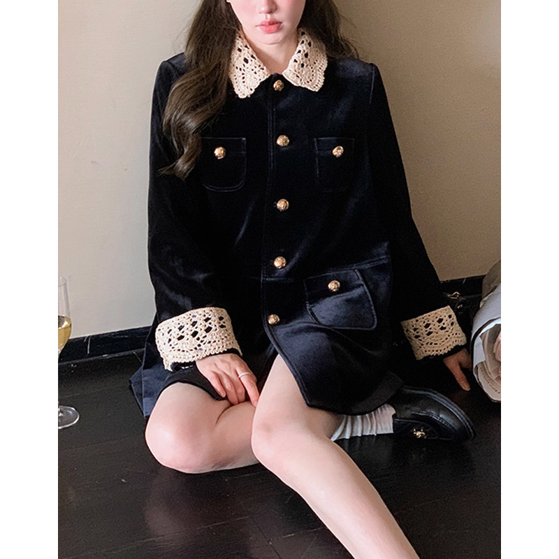 法式秋MIU系复古翻领中长款麂皮/丝绒外套工装风衣女 美拉德穿搭|undefined