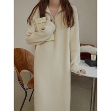 日系过膝款翻领毛衣女秋冬加长款半拉链打底衫慵懒纯色针织连衣裙