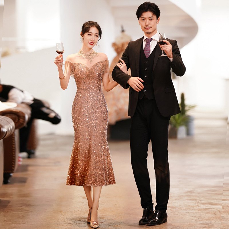 Vestido de Noche para Mujer, Estilo Nuevo 2025, para Reuniones Anuales, Cola de Pez, Banquete, Elegante, Temperamento de Socialité, Anfitriona, Vestido Digno y Magnífico