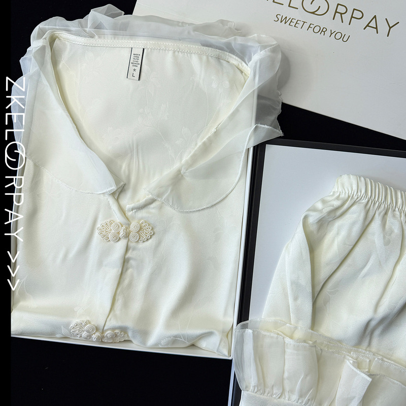 New Chinese style thin pure desire ice silk pajamas women's short artificial silk long sleeve high-grade light luxury home wear suit New Chinese style thin pure desire ice silk pajamas women's short artificial silk long sleeve high-grade light luxury home wear suit
