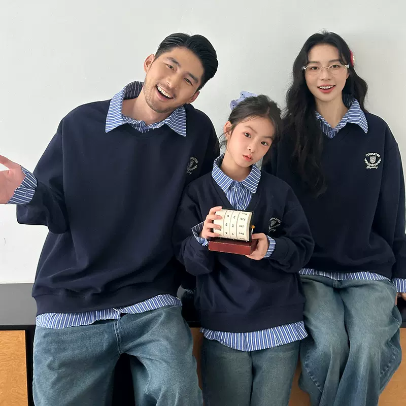 网红亲子装一家三口四口母女装父子装秋冬卫衣假两件套头衫外出服