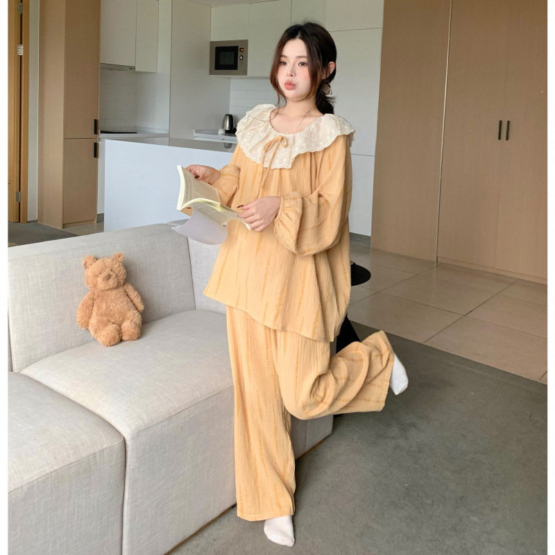 韩国ins女士春秋新品韩版甜美纱宽松舒适长袖睡衣套装家居服批发|undefined
