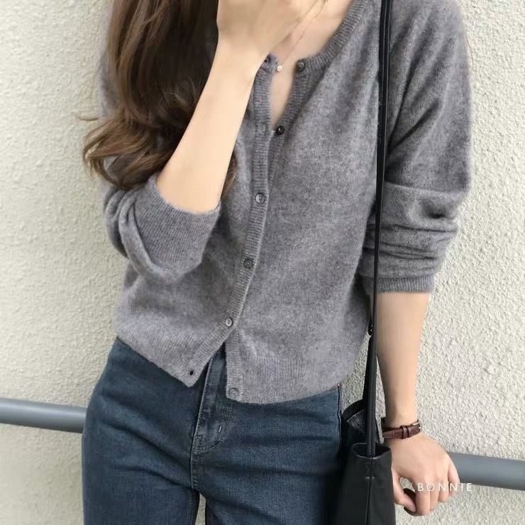 2025春秋新款圆领紫色短款针织小款开衫宽松外穿毛衣外套女|undefined