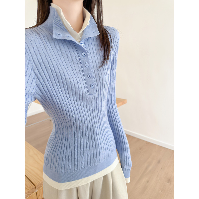 Color-blocked, faux two-piece, half-open collar knit sweater, 2026 new early autumn design, cable-knit patchwork pullover sweater for women Color-blocked, faux two-piece, half-open collar knit sweater, 2026 new early autumn design, cable-knit patchwork pullover sweater for women