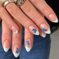 Foreign trade-style round-head, pointed nails—blue butterfly design with white French edges, featuring a frosty, blush-pink color and instant, wear-on-demand nail stickers for effortless manicures.