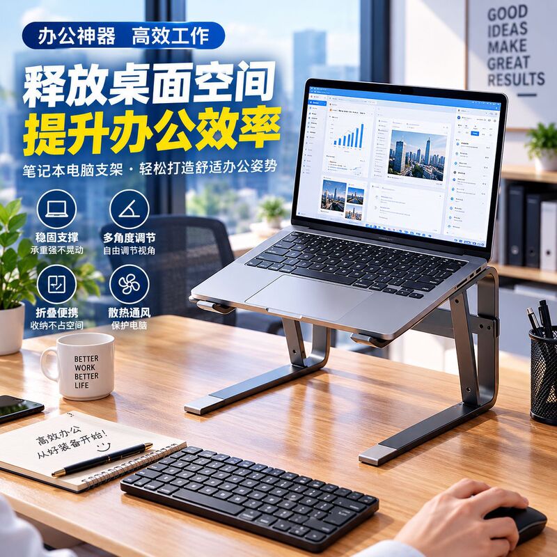 Aluminum alloy laptop stand, foldable and portable, with heat dissipation and height adjustment features, suitable for desktop use and general office support
