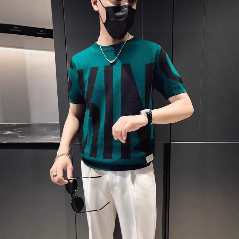 Men's Short-Sleeved T-Shirt Summer Simple Designer Geometric Color-Blocked Stripesd Round Neck Knitwear Light Mature Style Top