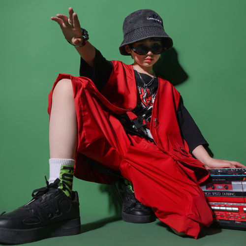 Street hiphop dance Costume for girls boys red cargo pants vest rapper singers  stage performance outfits children stage model show party uniforms for kids