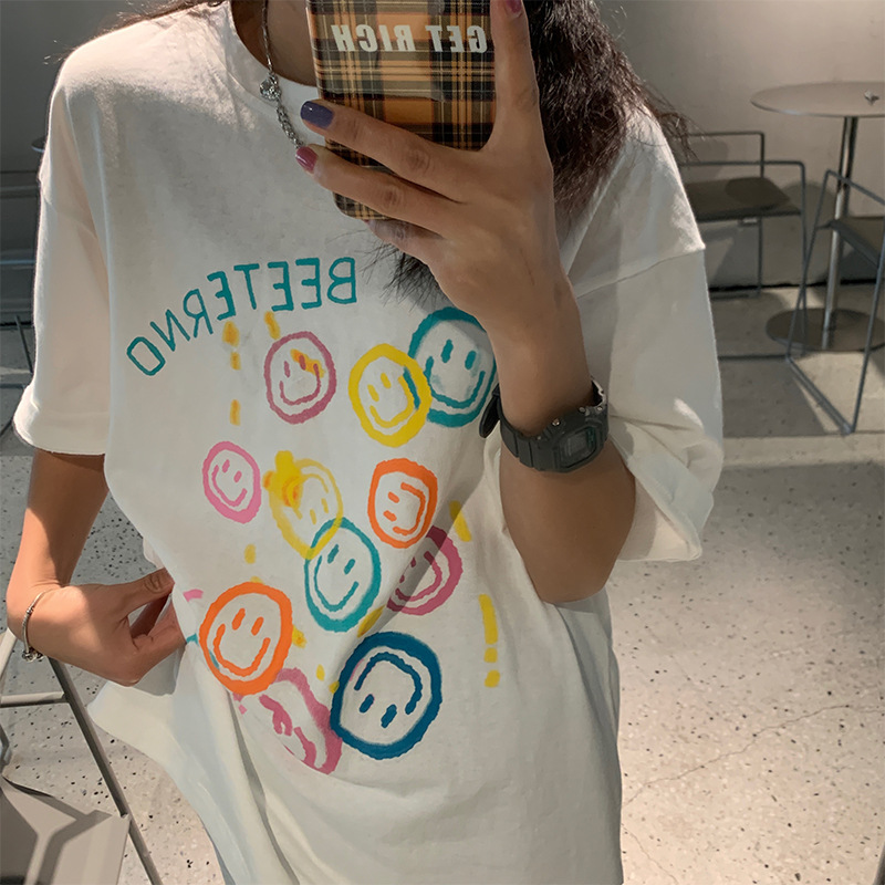 2026 Summer Pure Cotton Loose Mid-Length Cute Cartoon Print Bestie Oversized Short-Sleeved T-Shirt Top for Women 6146 #