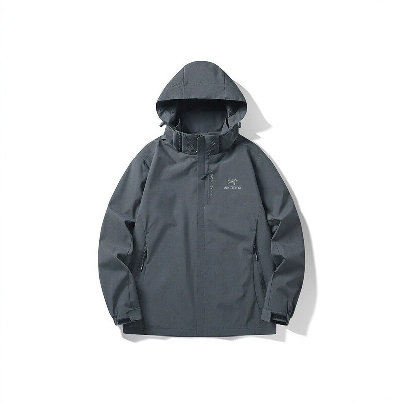 Men's outdoor windproof and waterproof jacket, featuring a hood, suitable for hiking and mountaineering, with a loose fit and a sporty, mountain-inspired design, perfect for spring and autumn