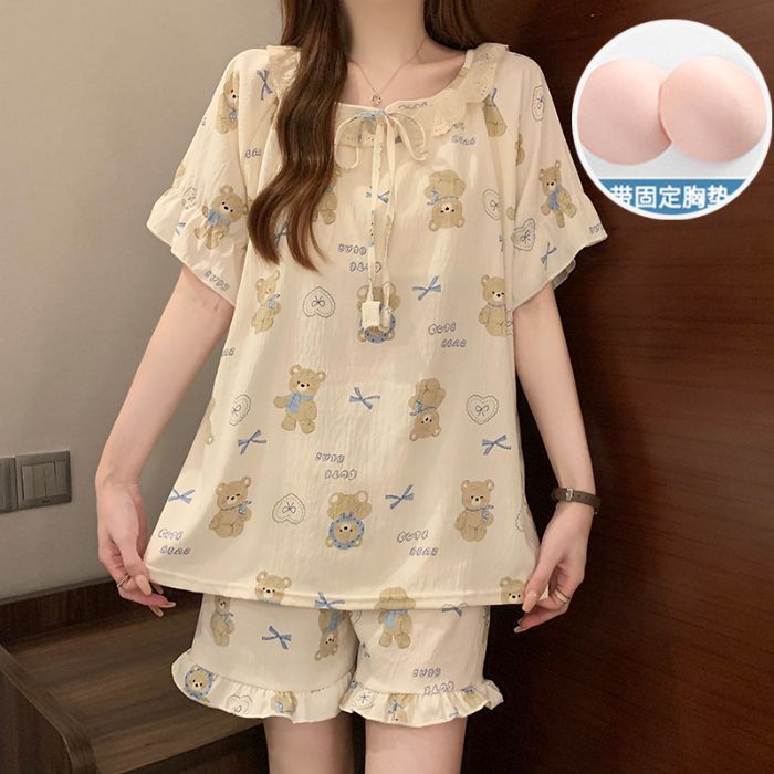 Pijamas con almohadilla fija para el pecho para mujer verano nuevo traje de manga corta de algodón de nube estilo coreano suelto, dulce y lindo servicio a domicilio