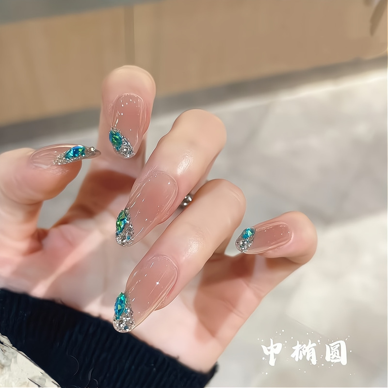 [Ling Luo Original] Ice-Transparent Shiny Peacock Blue Aurora Diamond Cool Nail Art Patch Handmade Removable