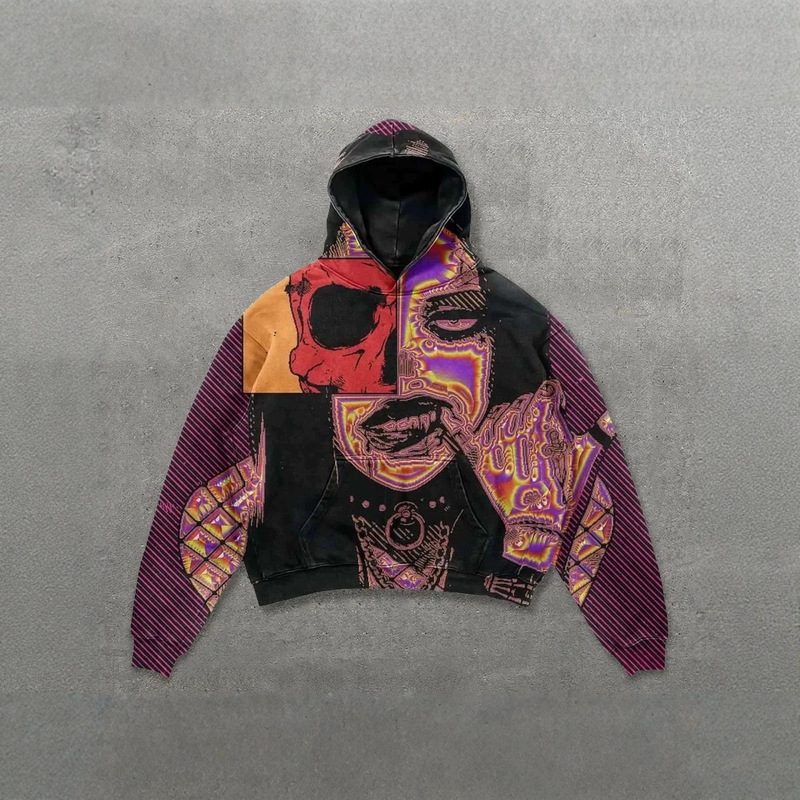 2026 cross-border Y2K millennium-style hooded sweatshirt with dark skull print, color-blocking, and 3D design, loose fit, unisex trendy style 2026 cross-border Y2K millennium-style hooded sweatshirt with dark skull print, color-blocking, and 3D design, loose fit, unisex trendy style
