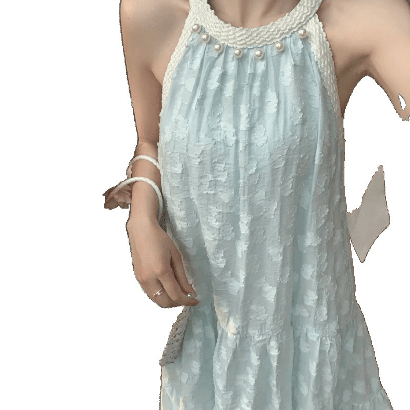パールノースリーブホルターネックドレス女性のための夏の 2025 新しいハイエンドフレンチビーチリゾートドレスサスペンダーロングスカート|undefined