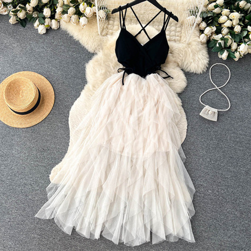 Irregular mesh ballgown fairy dress, high-waisted, slimming, temperament collar, spaghetti strap dress, beach vacation, sand dress