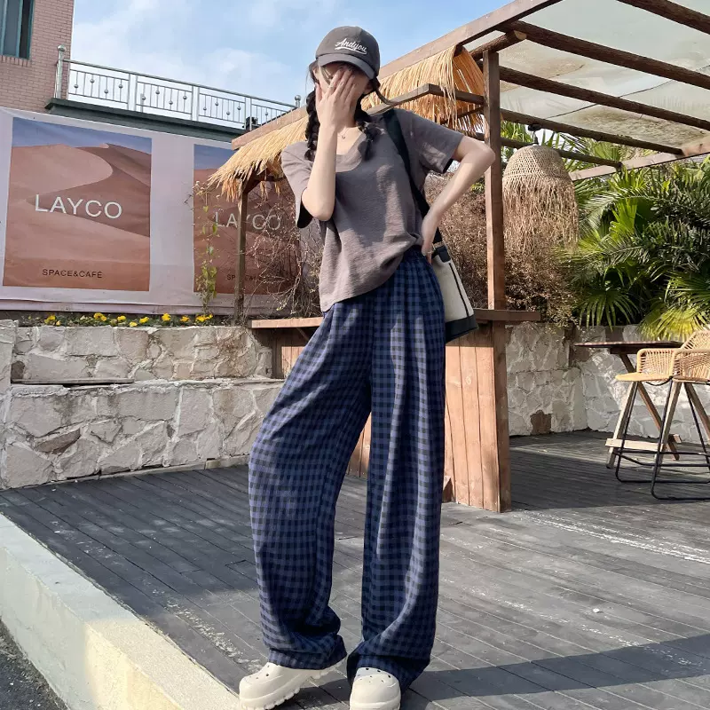 少女多巴胺山本格子裤女春夏季薄款宽松慵懒感高腰直筒休闲阔腿裤