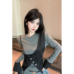 小香风别致设计感马甲拼接假两件衬衫秋冬款修身百搭长袖上衣女春