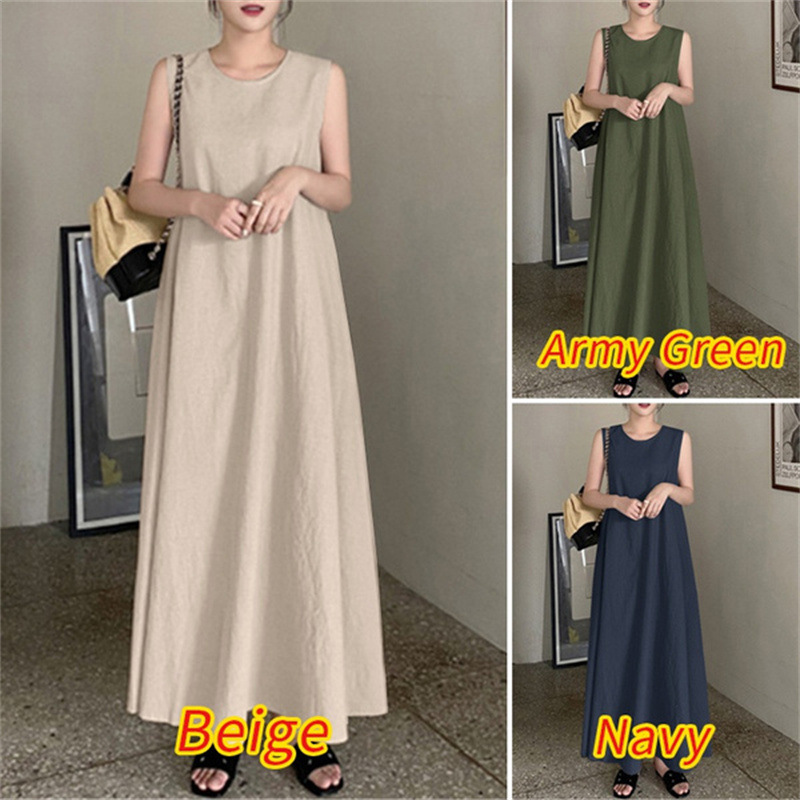 Summer Cotton Long Dress Sling Cotton Linen Loose Pocket Round Neck Elegant Sleeveless Large Swing Dress for Women