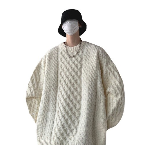 Hong Kong-style vintage loose cable-knit sweater for men—autumn/winter thickened, cozy, retro, and soft; also available as a chunky knit sweater for couples.