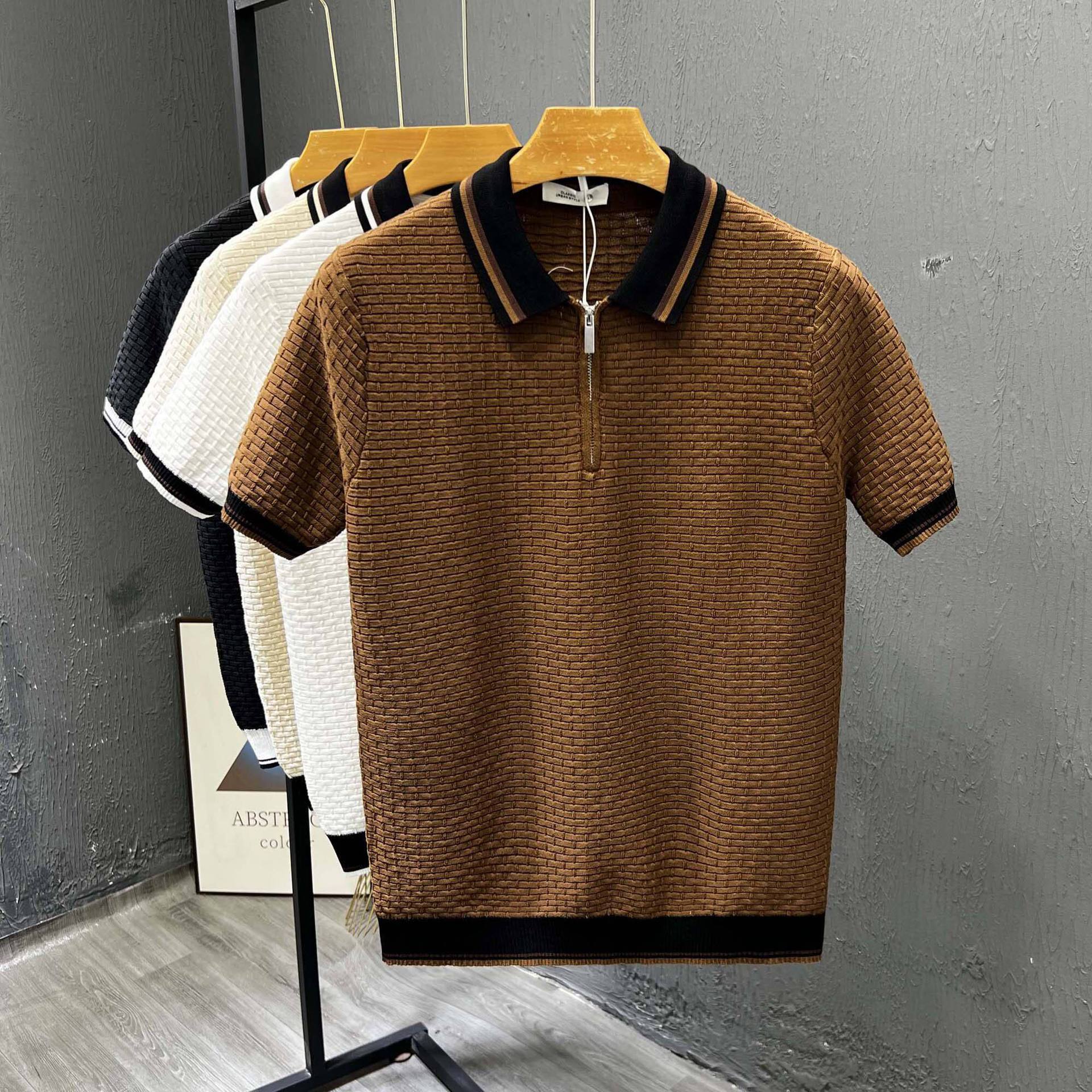 Polo camiseta de punto camiseta de manga corta hombre medio cremallera color retro camiseta casuales de verano fábrica transfronteriza al por mayor