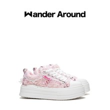 Wander around2025年秋季新款云朵系列粉色羽毛厚底增高帆布鞋女