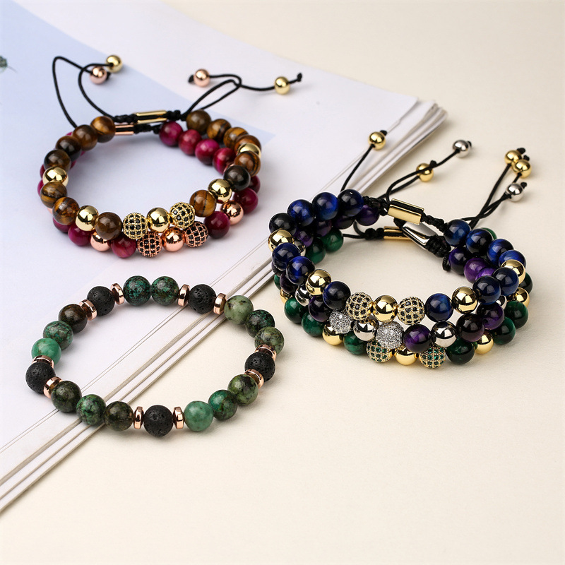 Accesorios transfronterizos europeos y americanos con incrustaciones de circón cuentas de la suerte pulsera tejida 8mm colorido Ojo de Tigre de Piedra con cuentas pulsera tejida