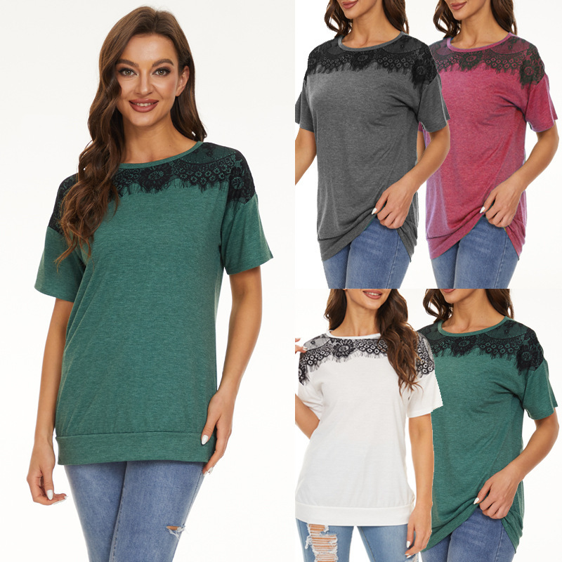 2024 European and American foreign trade new Amazon ebay fashion women's lace stitching solid color short sleeve T-shirt top 2024 European and American foreign trade new Amazon ebay fashion women's lace stitching solid color short sleeve T-shirt top