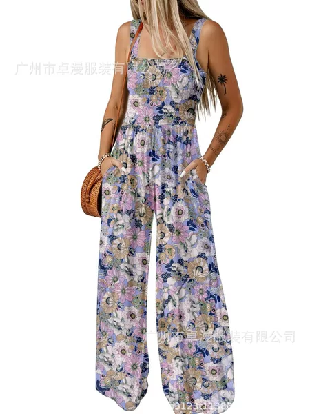 2025 European and American Cross-Border Amazon Independent Site New Fashion Women's Clothing Stylish Strap Print Pocket Loose Jumpsuit