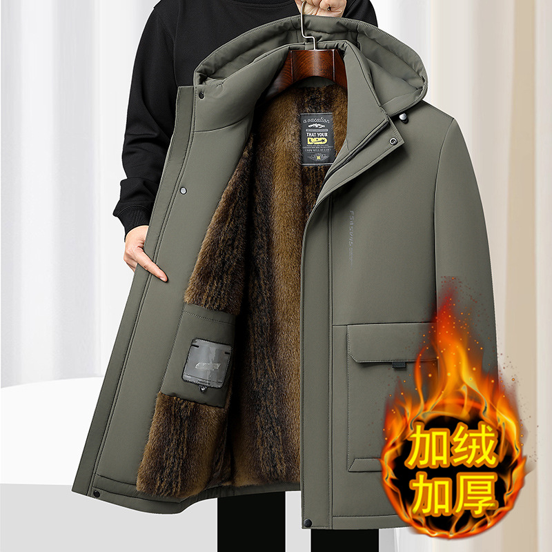 Mid-length warm cotton-padded coat for middle-aged and elderly men, with a detachable hood, thickened with fleece lining, perfect for winter and as a windproof jacket for dads.