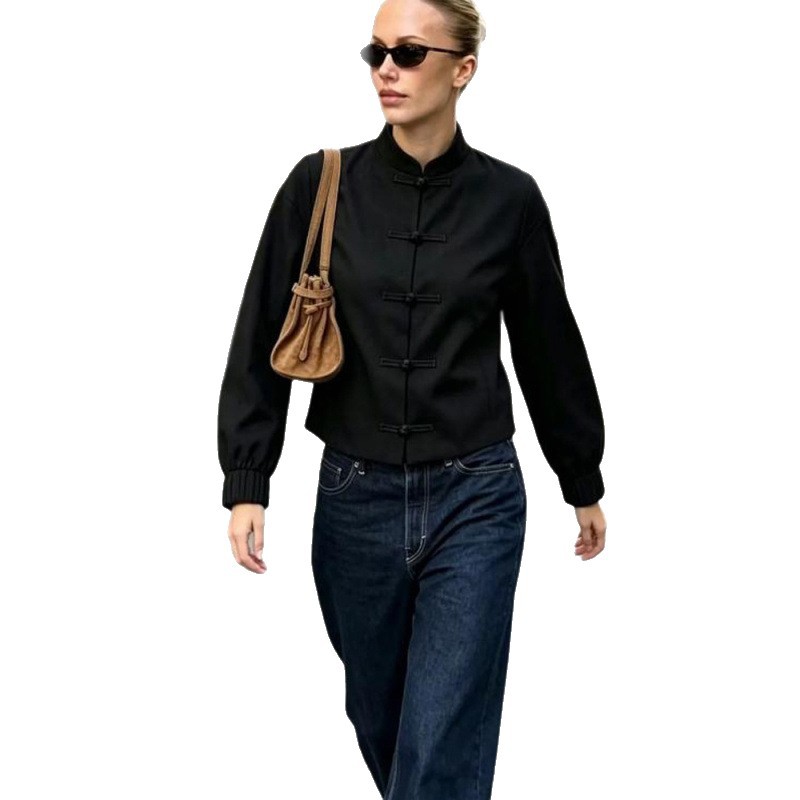 Inventario de nuevo cuello de hebilla chino delgado chaqueta de manga larga mujer 2026 ropa de mujer europea y americana comercio exterior al por mayor