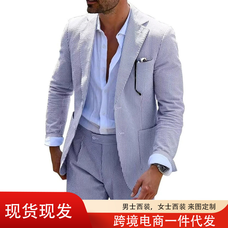 Men's Suit Two-piece Seersucker Summer Wedding Men's Casual suit Slim-fit Lightweight Striped Small Suit Men's Suit Two-piece Seersucker Summer Wedding Men's Casual suit Slim-fit Lightweight Striped Small Suit