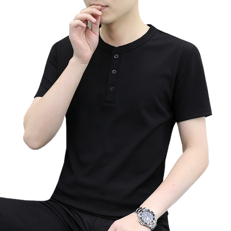 Verano de ropa de hombre de manga corta nueva tendencia de color sólido, camiseta de polo casual de cuello redondo para hombre