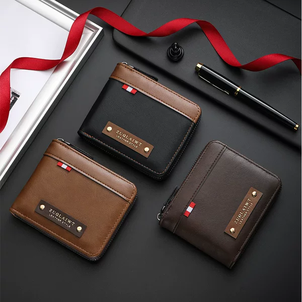 2025 New Men's Retro Zipper Short Wallet Multifunctional Stitching Contrast Color Wallet Large Capacity Coin Purse