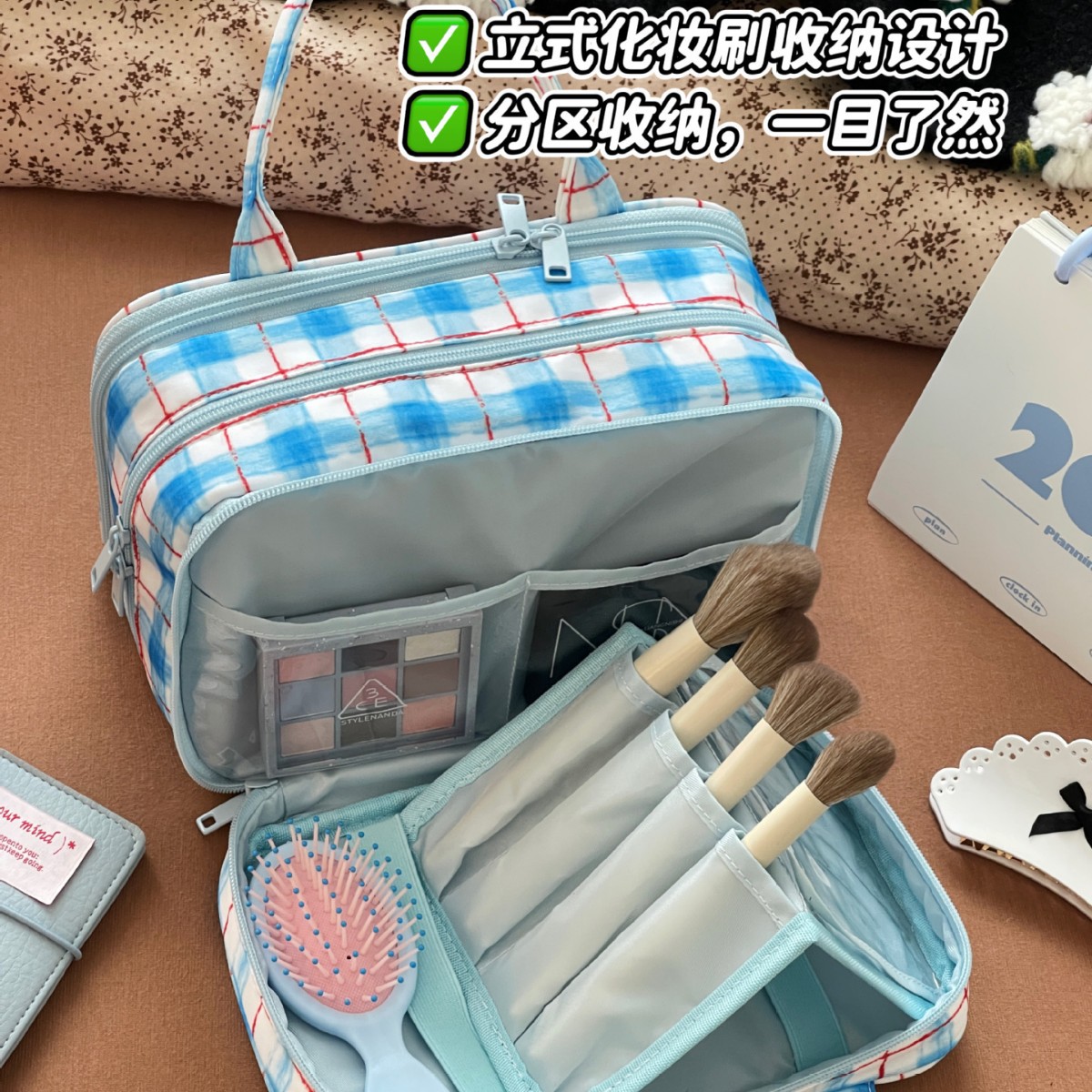 Nueva bolsa de cosméticos multifuncional para mujer, bolsa de almacenamiento para productos para el cuidado de la piel de gran capacidad, bolsa de lavado de viaje de zona de cepillo de maquillaje