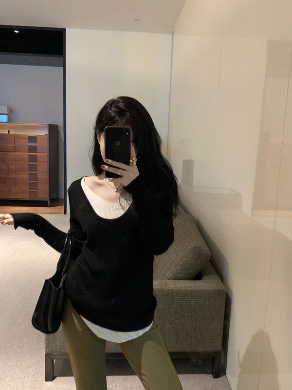 假两件拼接撞色针织衫女春秋设计感小众v领内搭打底衫长袖t恤上衣|undefined