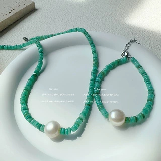 天然淡水珍珠绿贝壳项链南法式吸睛显白巴洛克绿松石串珠手链饰品