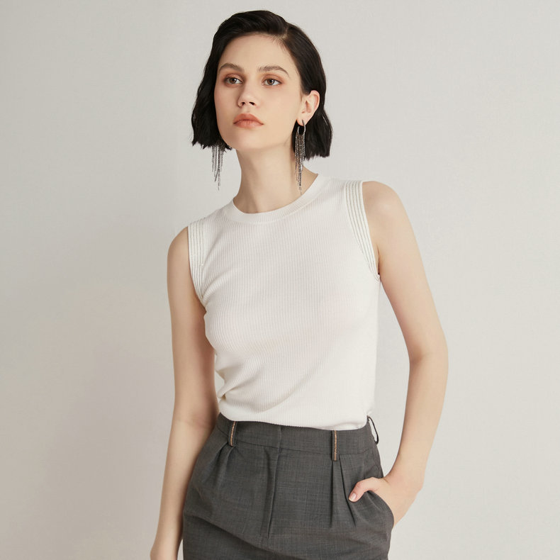 High-end BC style round neck wool knitted vest mulberry silk mernu wool heavy industry beaded slim knit