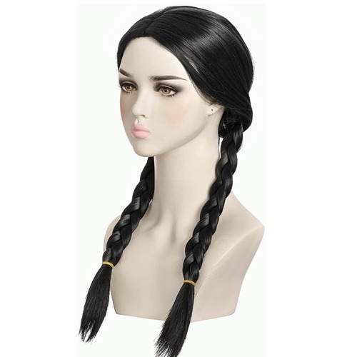 Tuesday Addams mother Addams black twin buns ponytail center part long straight hair Halloween cosplay wig