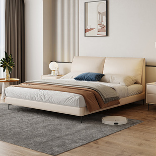 Modern Simple Leather Bed, Light Luxury Master Bedroom, Double Elephant Ears, High-End Atmospheric Soft-Packed Cream Style Leather Art Bed