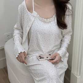 韩国ins女士秋季韩系针织雾杏碎花三件套带胸垫家居服睡衣套装女