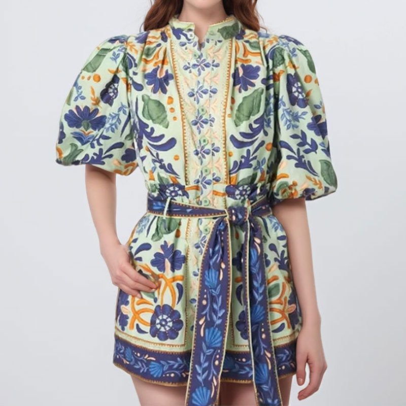 Spring Women's Clothing Retro Court Style Printed Round Neck Short Sleeve Temperament Celebrity Fashion Suit Women_ecoleips.com