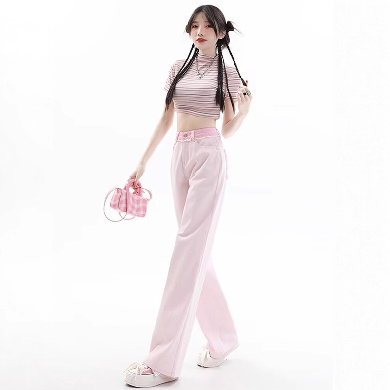 Light Pink Straight-Leg Jeans for Women, Spring and Summer, High-Waisted, Slimming, Color-Blocking Design, Drapey, Loose, Floor-Length Wide-Leg Pants Light Pink Straight-Leg Jeans for Women, Spring and Summer, High-Waisted, Slimming, Color-Blocking Design, Drapey, Loose, Floor-Length Wide-Leg Pants