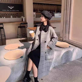 大格纹复古设计感呢子大衣外套中长款秋冬季人字纹时尚毛呢外套女