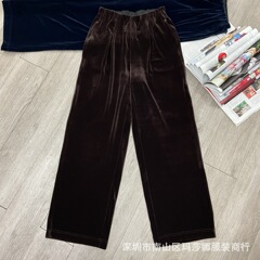 南油高端秋冬款时髦洋气宽松纯色百搭丝绒阔腿裤松紧腰直筒裤气质