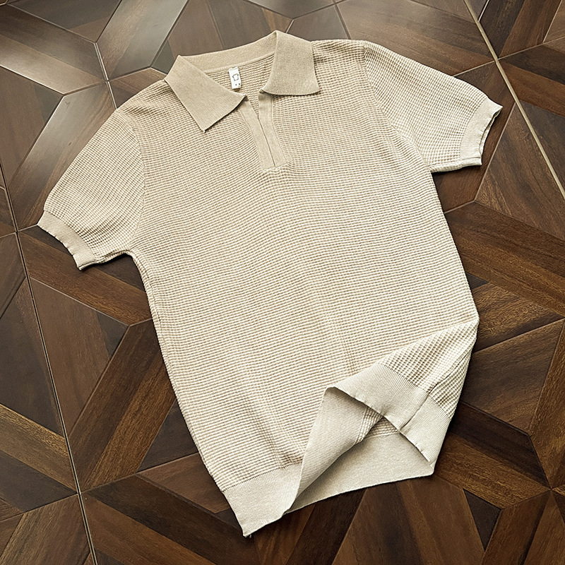 Polo camiseta de punto camiseta de manga corta camiseta hombre cuello en V cuello gaviota sensación de textura viejo dinero viento hielo seda fábrica transfronteriza al por mayor