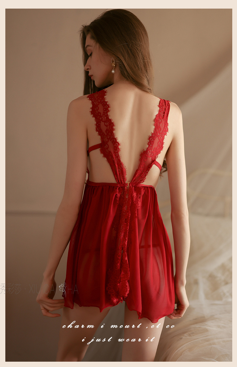 Wine-Red Lace Mesh Babydoll Nightgown with Short Skirt Design, See-Through Wholesale Lingerie — detail image 8
