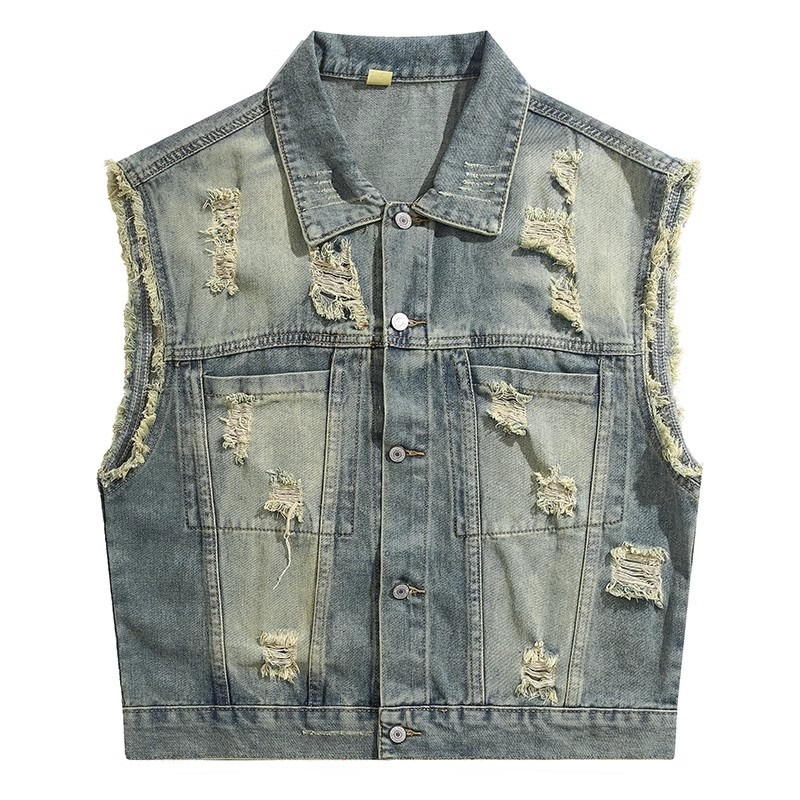 American retro style washed and frayed short denim vest for men, sleeveless, loose fit, trendy and stylish summer top.