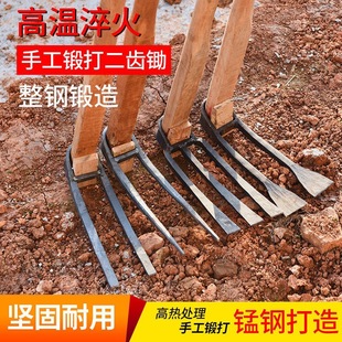Agricultural Two-Tooth Hoe for Digging, Turning over Soil, and Scraping, Traditional Potato and Bamboo Shoot Digging Tool Set, Two-Tooth Rake for Home Vegetable Planting