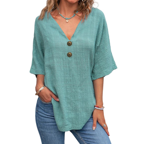 2025 New Women's Foreign Trade Cross-Border Casual V-Neck Short Sleeve Regular Crew Neck Multi-Color Button Up Top