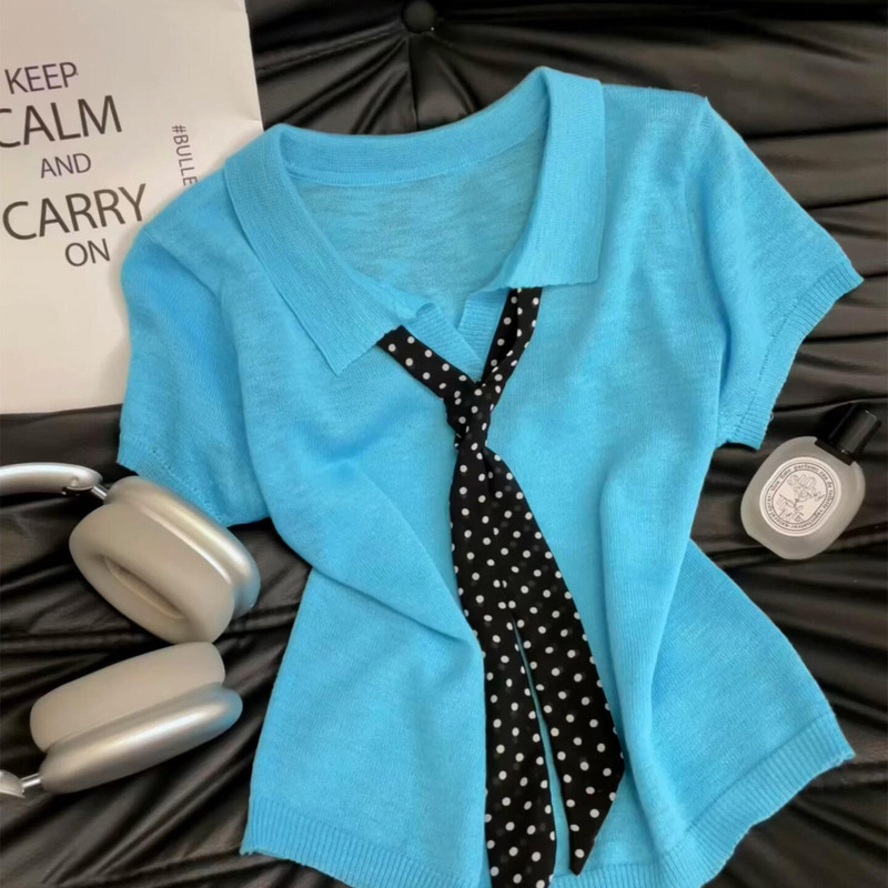 Lake Blue Polo Collar Knit Shirt with Silk Scarf Top for Women, 2026 New Summer Korean Style, Skin-Brightening Short-Sleeve T-Shirt
